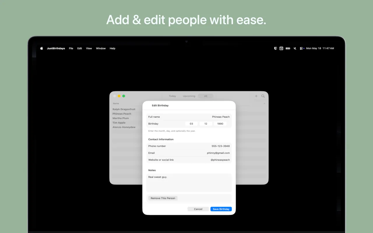 Just Birthdays macOS screenshot 2