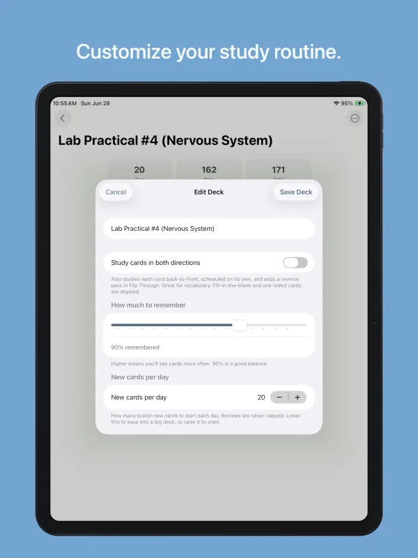 Editing a deck’s target retention and new cards per day on iPad