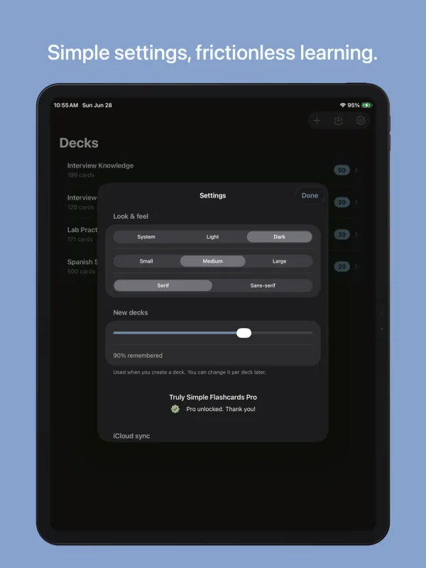 Settings on iPad in dark mode over the deck list