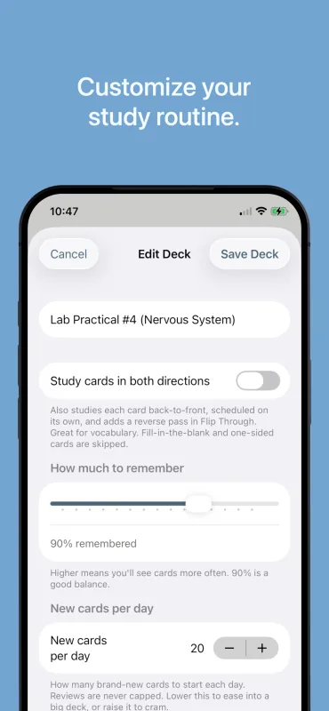 Editing a deck on iPhone: study both directions, a 90% target retention slider, and 20 new cards per day