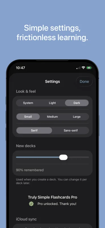 Settings on iPhone in dark mode: appearance, card text size, serif or sans-serif card font, and default target retention
