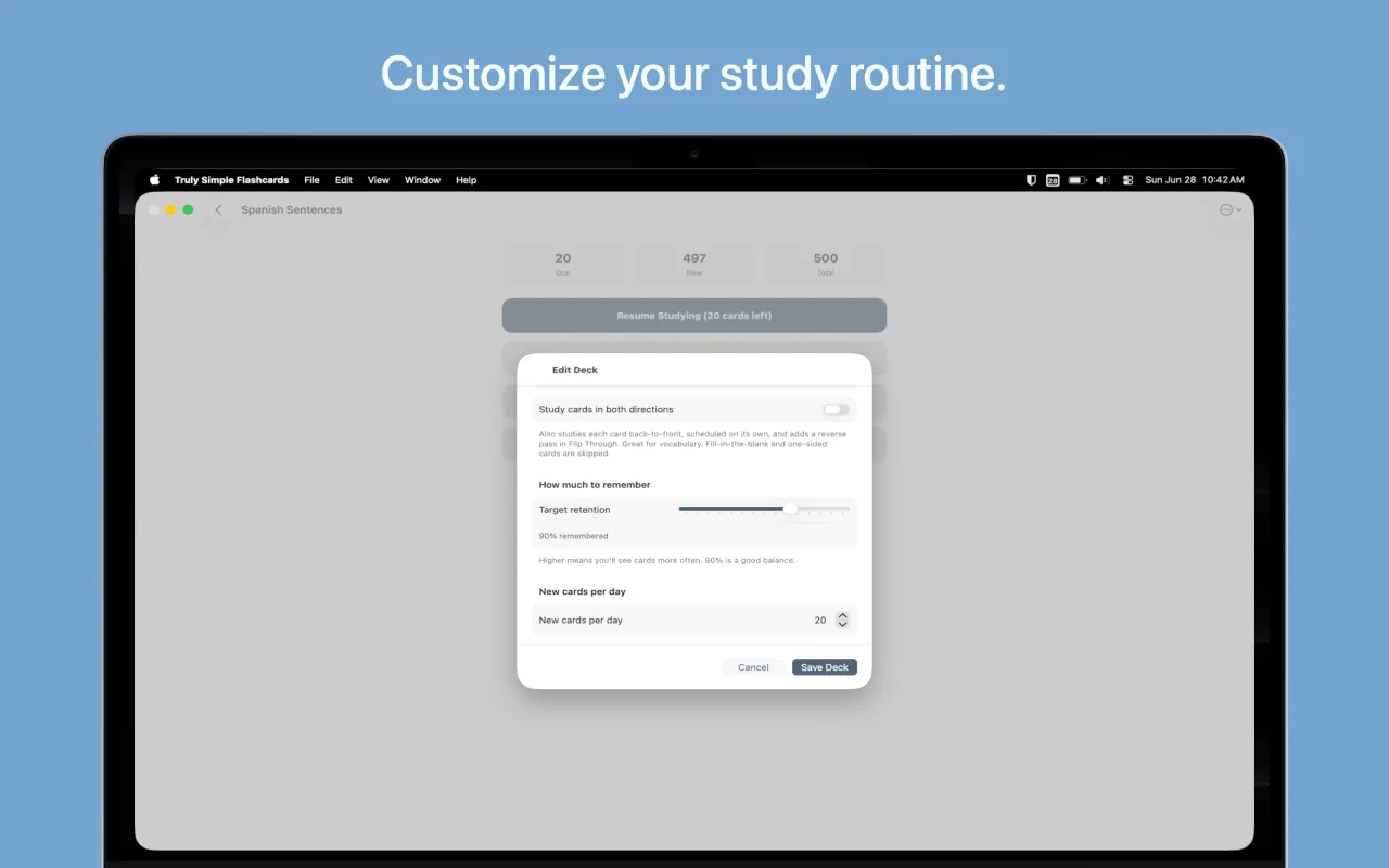 Editing a deck’s study options on Mac, over the deck’s due, new, and total card counts