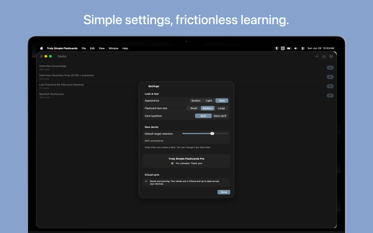 Settings on Mac in dark mode over the deck list, showing Pro unlocked and iCloud sync status